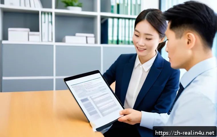 공인중개사 부동산 계약 기술 공유 - A modern office scene showing a professional real estate agent carefully reviewing a detailed contra...