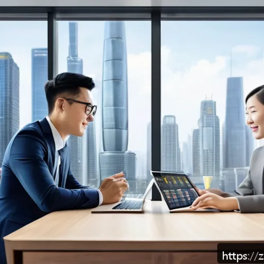공인중개사와 부동산 관련 정책 변화 대응 사례 - A modern real estate agency office scene in a bustling Chinese city, featuring diverse professionals...