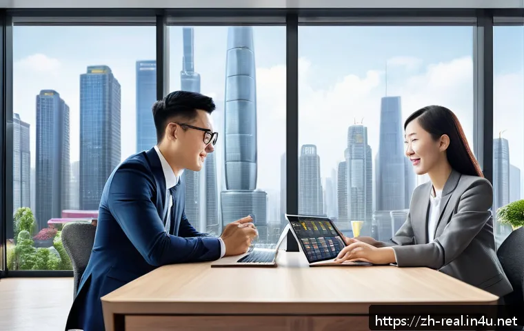 공인중개사와 부동산 관련 정책 변화 대응 사례 - A modern real estate agency office scene in a bustling Chinese city, featuring diverse professionals...