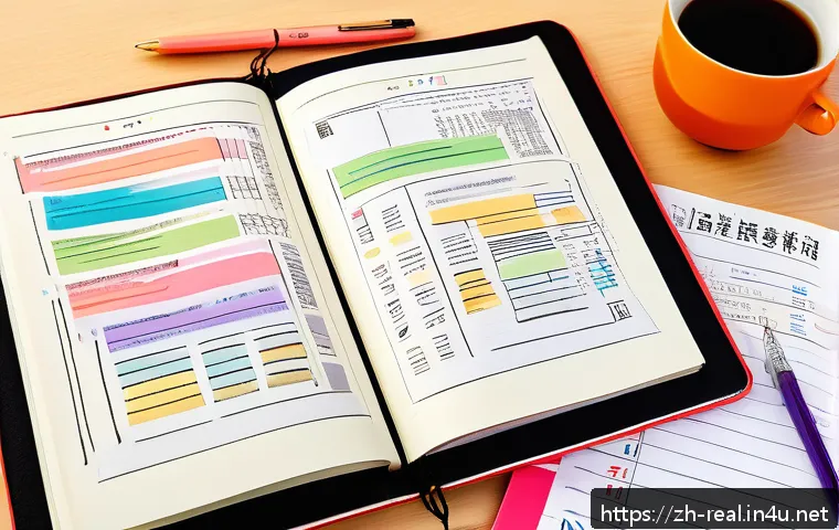 공인중개사 시험 대비 요점 정리 노트 - A detailed and vibrant study desk scene featuring a neatly organized notebook opened to colorful, we...