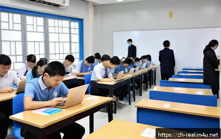 공인중개사 시험일 체크 방법 - A modern Chinese examination center bustling with candidates registering for the 2024 intermediary e...