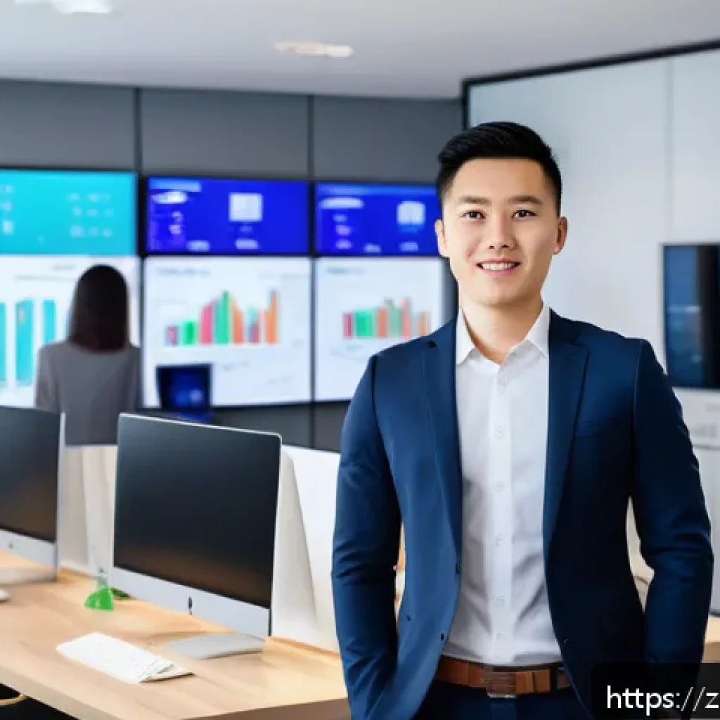 공인중개사 자격증의 취득 후 글로벌 활용법 - A confident young professional wearing business casual attire and a visible professional badge label...