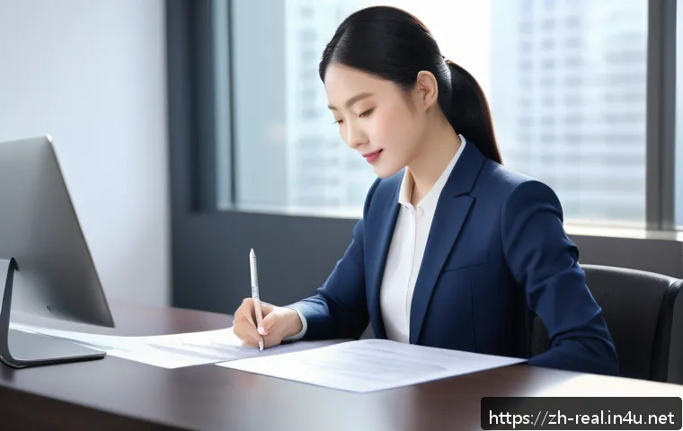 공인중개사 부동산 법률 사례 연구 - A professional real estate agent in a modern office setting, carefully reviewing a detailed contract...