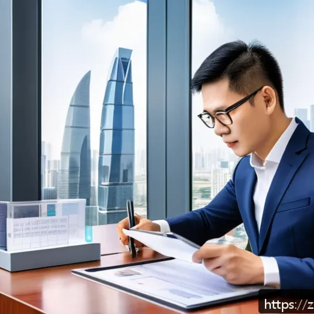 공인중개사와 부동산 관련 사회적 영향 분석 - A modern real estate notary office scene in a bustling Chinese city, featuring a professional notary...