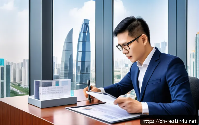 공인중개사와 부동산 관련 사회적 영향 분석 - A modern real estate notary office scene in a bustling Chinese city, featuring a professional notary...