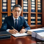 공인중개사 자격증의 국가별 차이점 - A professional notary public office scene in a modern European setting, featuring a middle-aged male...