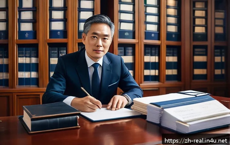 공인중개사 자격증의 국가별 차이점 - A professional notary public office scene in a modern European setting, featuring a middle-aged male...