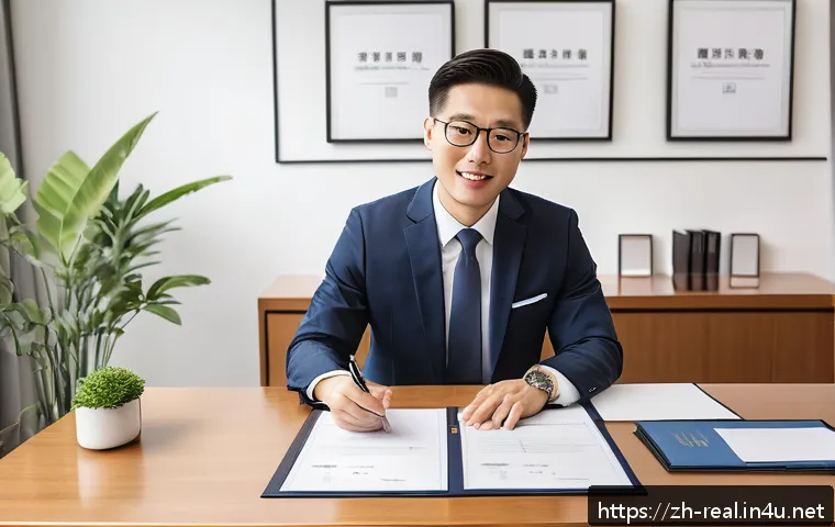 공인중개사로서 고객 신뢰 쌓는 법 - A modern, clean notary office interior with a neat desk, well-organized documents, and framed profes...