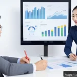 공인중개사 부동산 정책 대응 사례 - A modern real estate agent in a sleek office setting, attentively explaining complex housing policie...