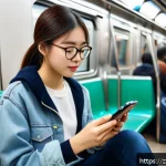 공인중개사 시험 과목별 고득점 비법 - A modern study room scene showing a young Chinese student attentively using a smartphone app for exa...