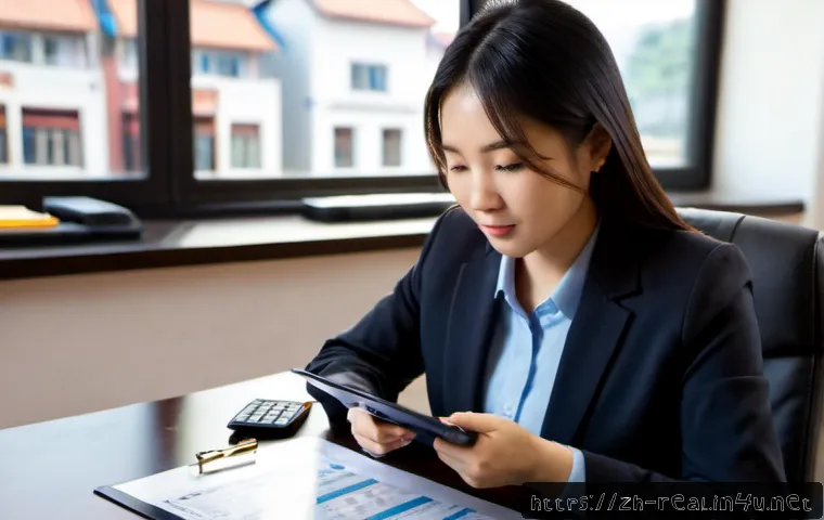 공인중개사 자격증의 실질적 가치 평가 - Photorealistic modern real estate office, a professional Chinese real estate agent in business attir...
