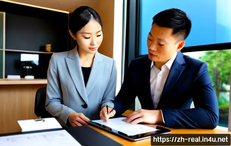 공인중개사로서의 전문성 강화 방법 - Photorealistic real estate professional in a tailored business suit reviewing property documents and...