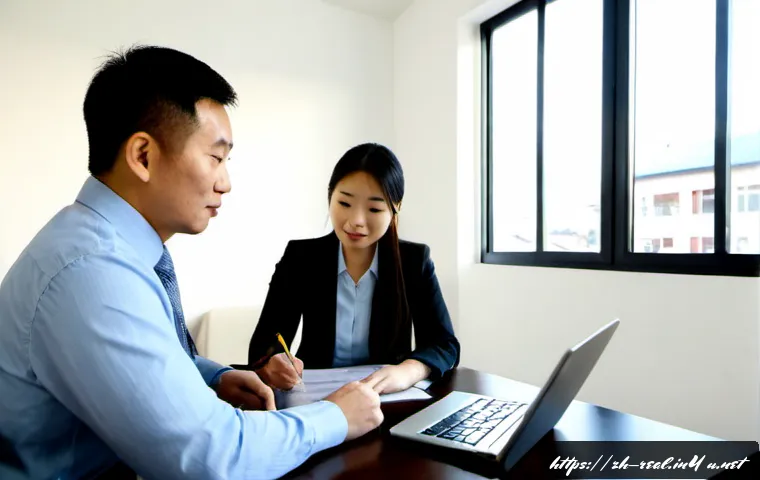 공인중개사 부동산 정책 변화 대응 - Photorealistic real estate agent in a modern apartment office reviewing updated housing policy docum...