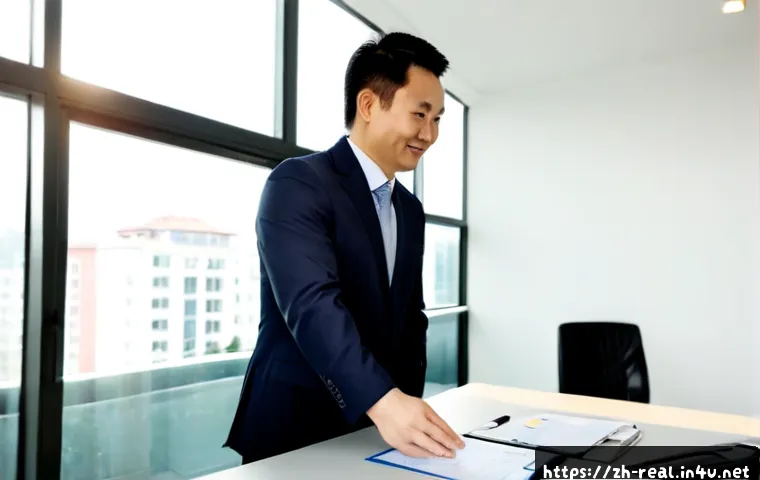 공인중개사 이직 성공 전략 - Photorealistic Chinese real estate professional in smart business attire confidently shaking hands w...