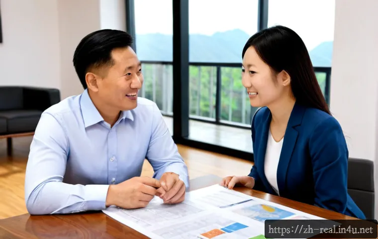 공인중개사 부동산 상담 사례 공유 - Photorealistic real estate consultation in a bright modern apartment showroom, a friendly Chinese re...