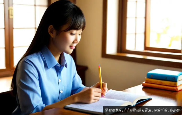 공인중개사 시험 관련 독학 자료 추천 - Photorealistic home study scene for a real estate licensing exam, an East Asian adult learner seated...